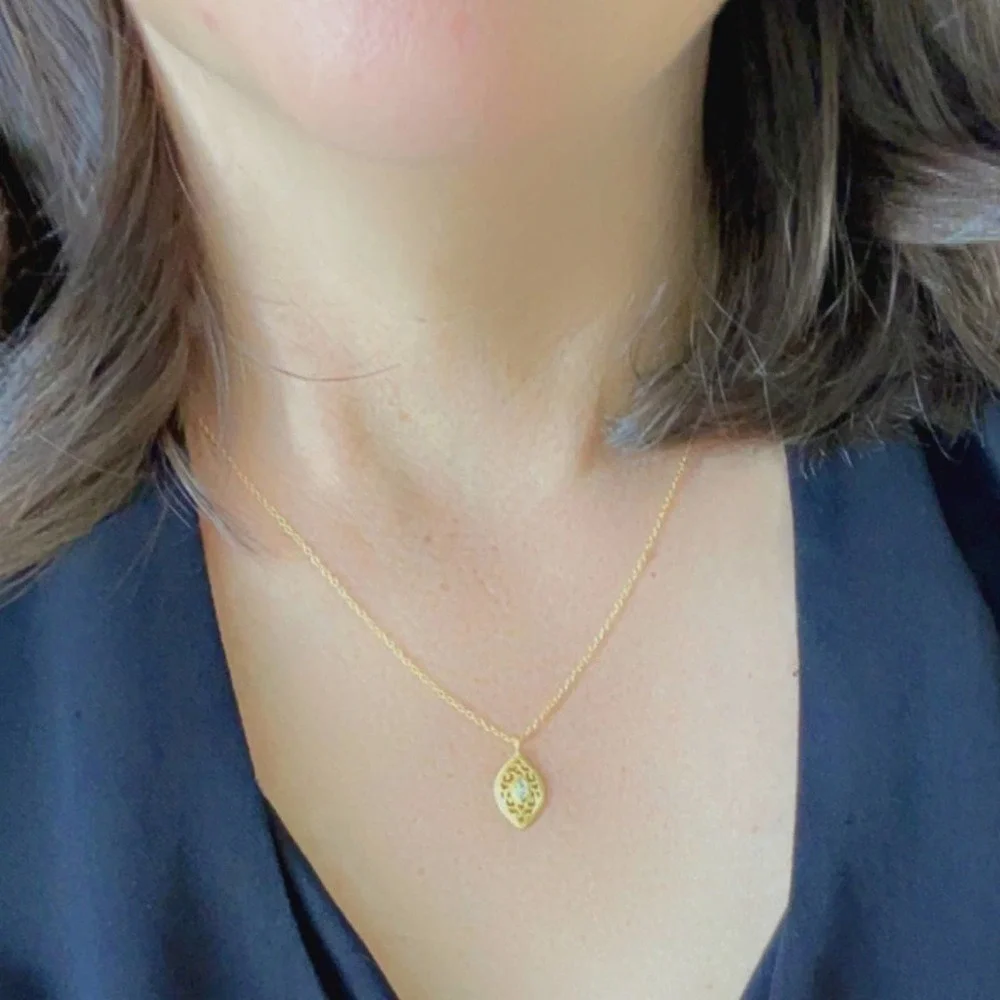 24K Gold Vermeil Pendant Necklace Marquise Antique Style